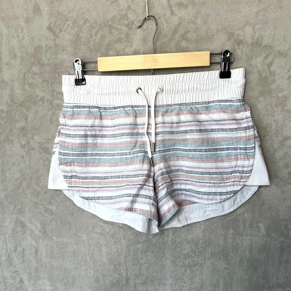 Athleta Cabo Beachside Linen Shorts Size 2 Stripes Elastic Waist Vacation Resort